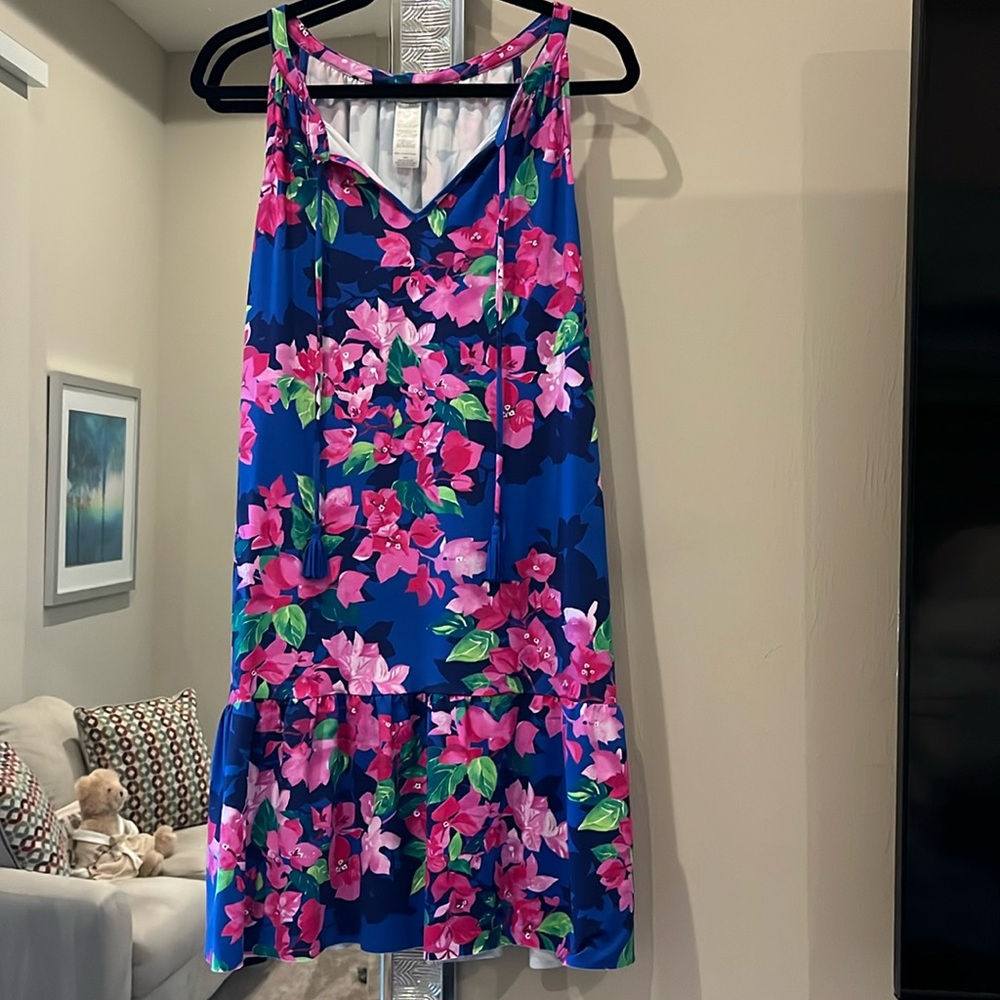 Tommy Bahama Bouganvillea Blue Ruffle Dress. Gently worn. Size M